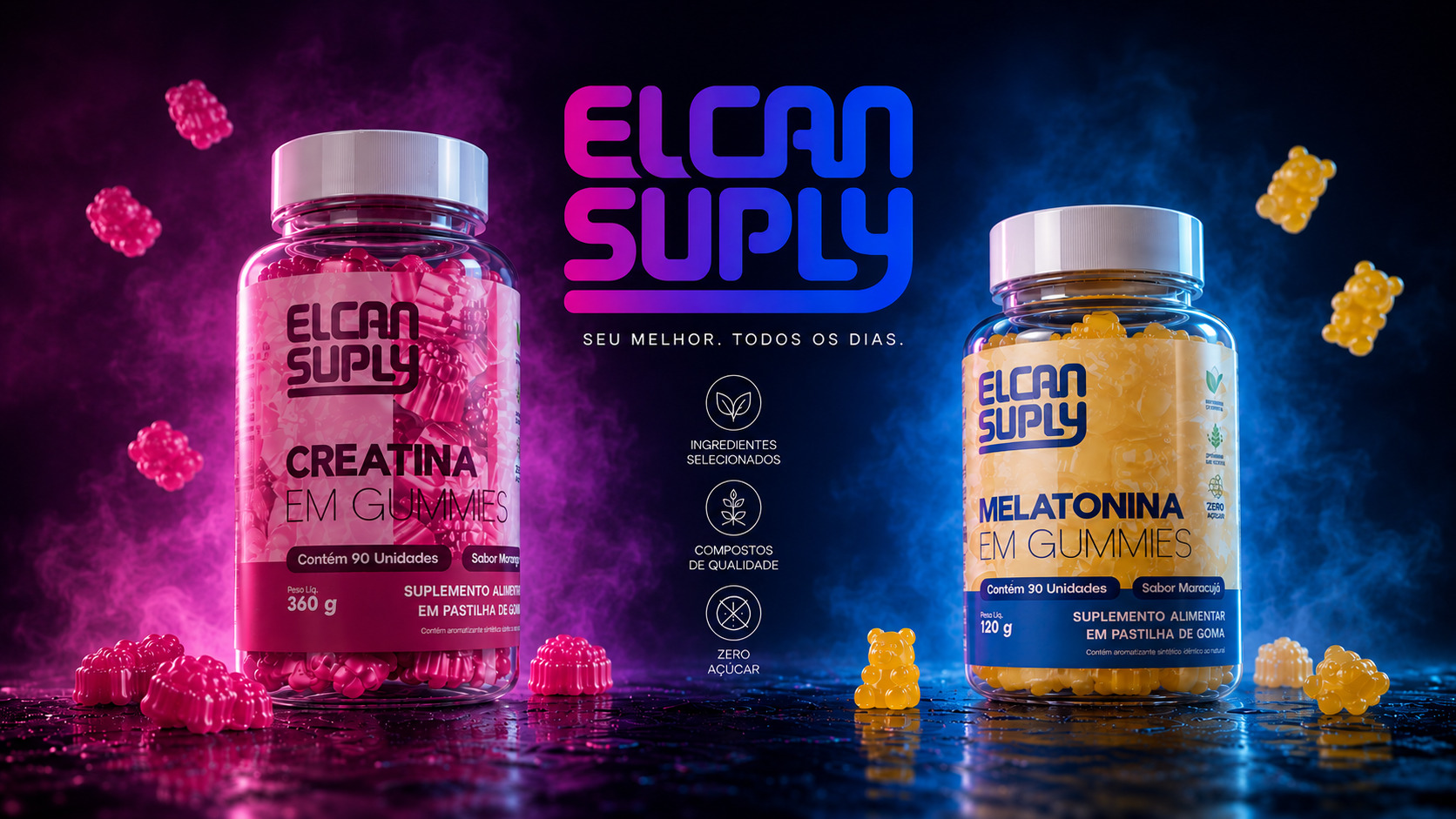 Creatina em Gummies sabor morango e Melatonina em Gummies sabor maracujá, da Elcan Suply